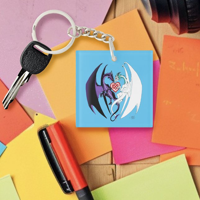 Romantic Purple White Fantasy Dragons Love Blue Keychain (Creator Uploaded)