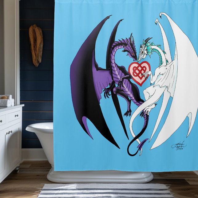 Romantic Purple White Fantasy Dragons Love Blue Shower Curtain (Creator Uploaded)