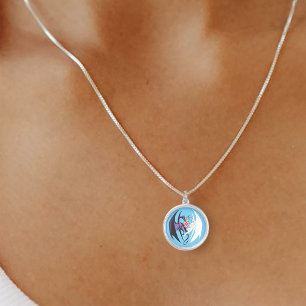 Romantic Purple White Fantasy Dragons Love Blue Silver Plated Necklace
