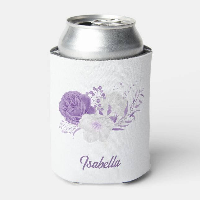 Romantic purple & white floral botanical wedding can cooler (Can Front)