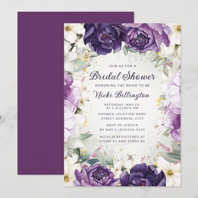 Romantic Purple White Floral Glitter Bridal Shower Invitation (Front/Back)