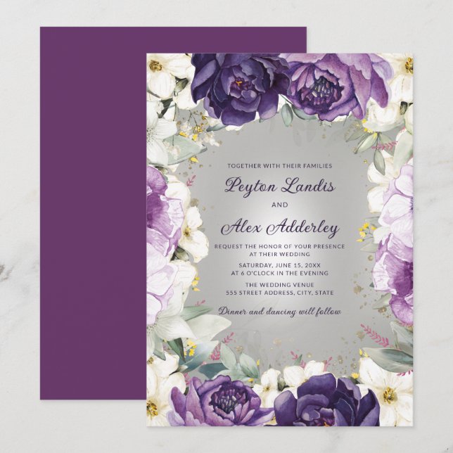 Romantic Purple White Floral Glitter Wedding  Invitation (Front/Back)