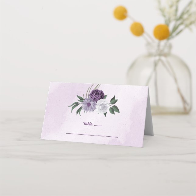 Romantic purple & white floral greenery place card (Front)