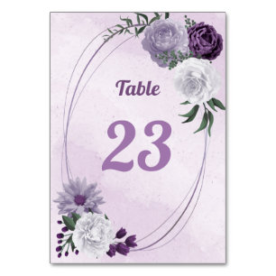 Romantic purple & white floral greenery table number