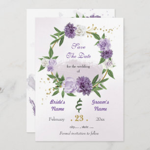 Romantic purple white flowers gold wreath save the date