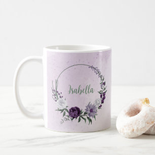 Romantic purple white flowers greenery coffee mug