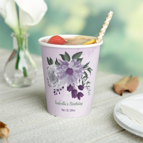 Romantic purple white flowers greenery paper cups