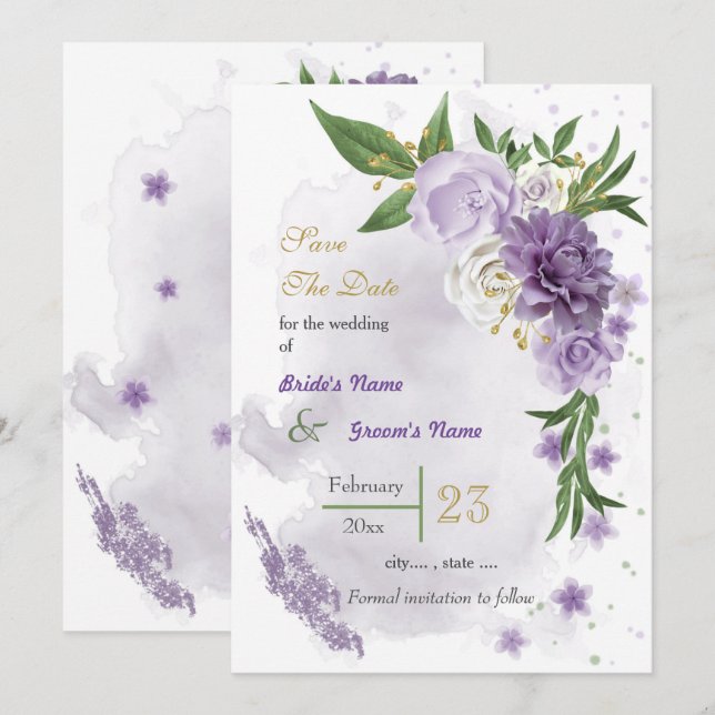 Romantic purple white flowers greenery save the date (Front/Back)
