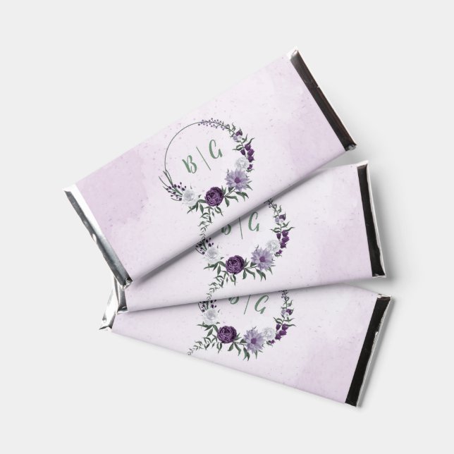 Romantic purple white flowers greenery wedding her hershey bar favors (Front)
