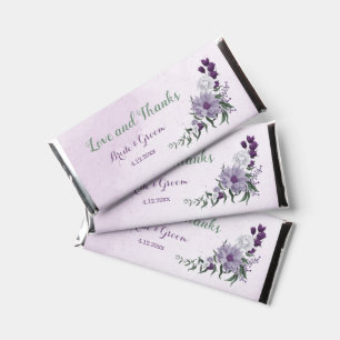 Romantic purple white flowers greenery wedding hershey bar favors