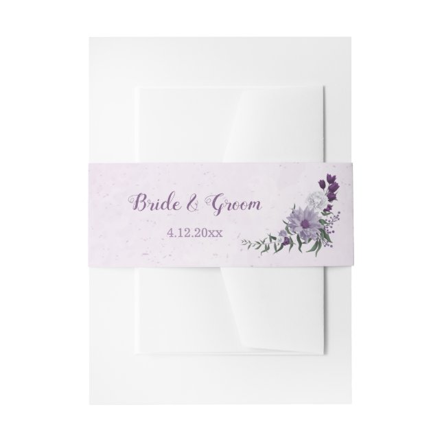 Romantic purple white flowers greenery wedding invitation belly band (Front Example)