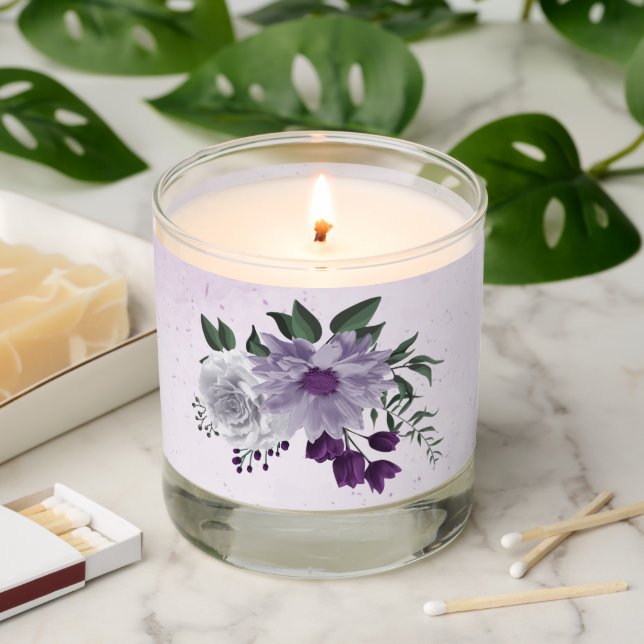 Romantic purple white flowers greenery wedding scented candle (Lit)