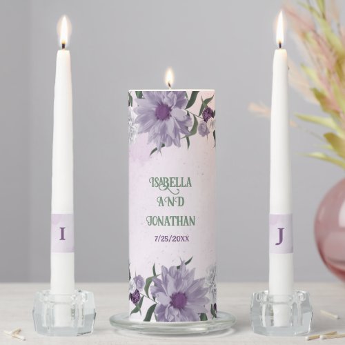 Romantic purple white flowers greenery wedding unity candle set