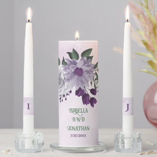 Romantic purple white flowers greenery wedding unity candle set
