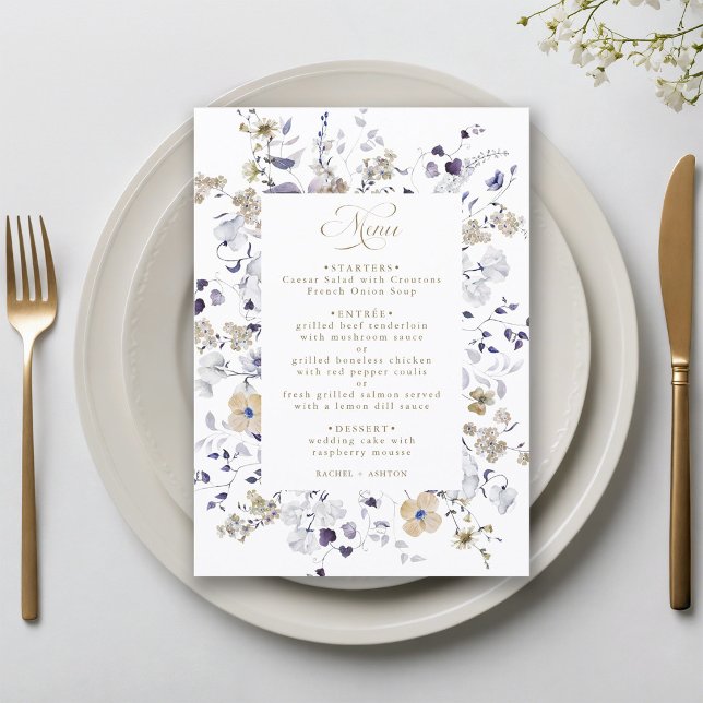 Romantic Purple White Gold Floral Wedding Menu (Creator Uploaded)