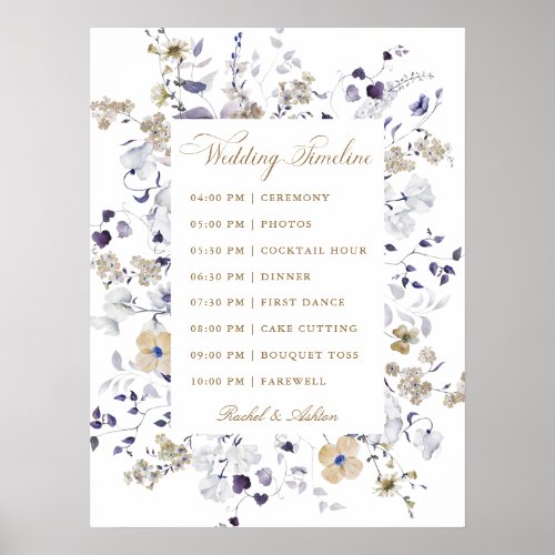 Romantic Purple White Gold Floral Wedding Timeline Poster