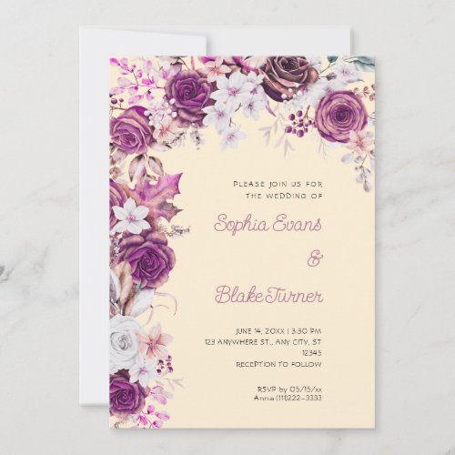 Romantic Purple  White Roses Light Orange Wedding Invitation