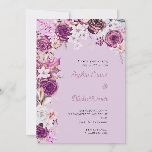Romantic Purple  White Roses Light Purple Wedding Invitation