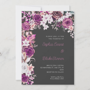 Romantic Purple & White Roses Shadow Gray Wedding Invitation