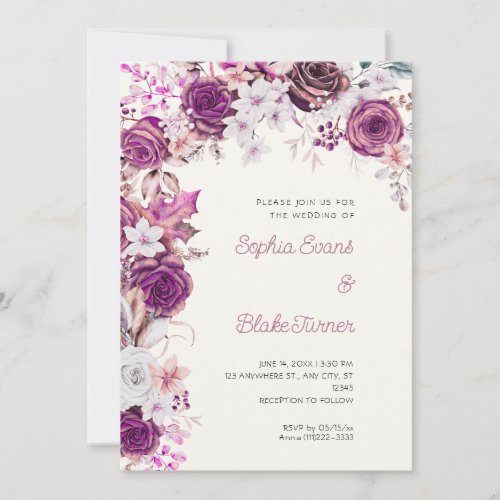 Romantic Purple  White Roses White Cream Wedding Invitation