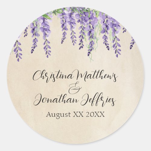 Romantic Purple Wisteria on Rustic Parchment Classic Round Sticker