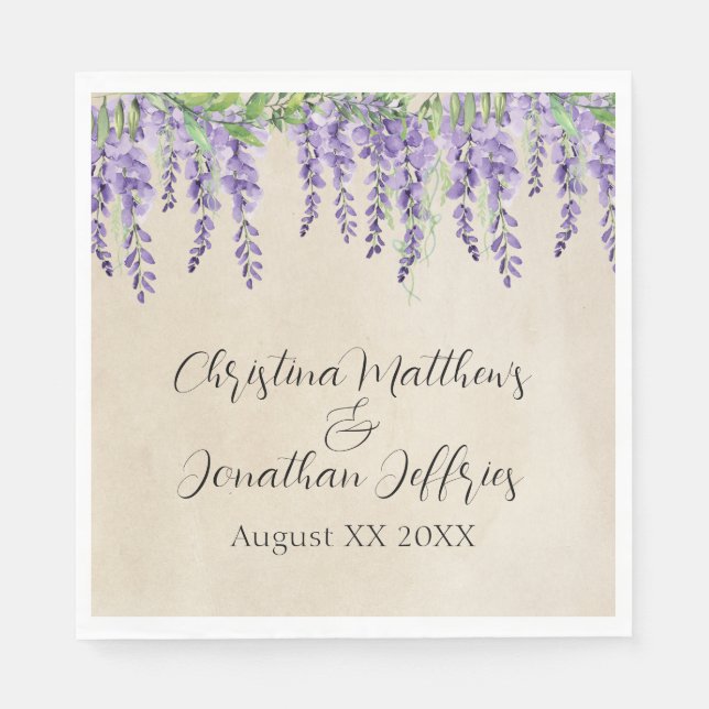Romantic Purple Wisteria on Rustic Parchment Napkins (Front)