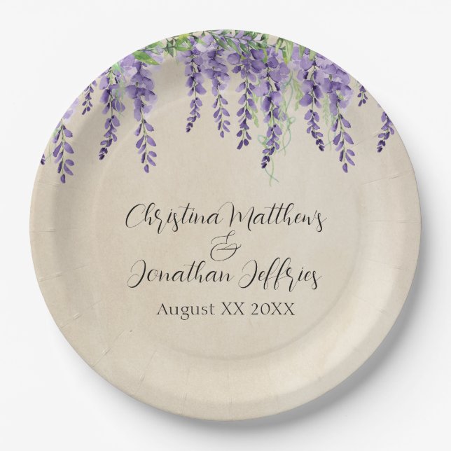 Romantic Purple Wisteria on Rustic Parchment Paper Plates (Front)