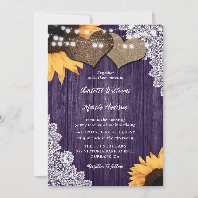 Romantic Purple Wood Floral Lace Sunflower Wedding Invitation (Front)