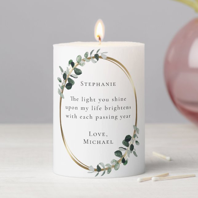 Romantic Quote Eucalyptus Gold Pillar Candle (In Situ)