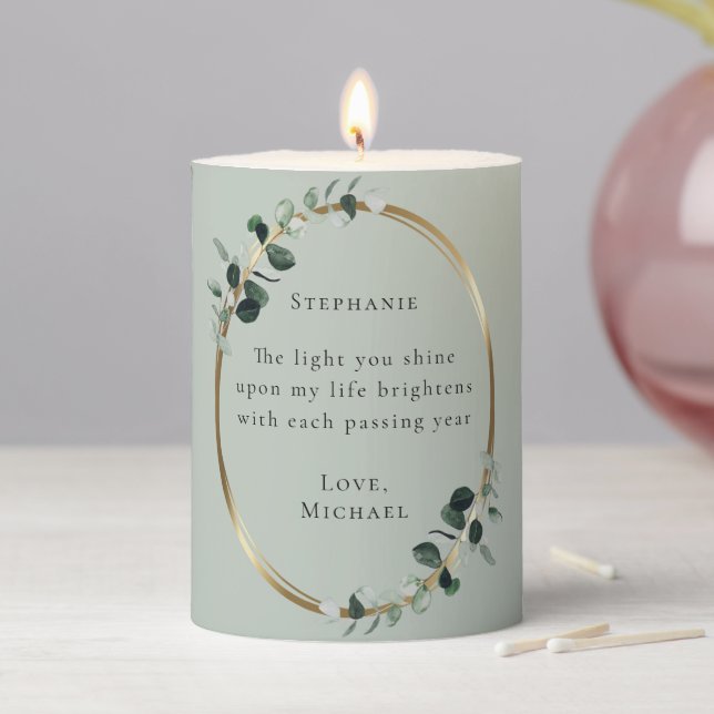 Romantic Quote Eucalyptus Gold Sage Pillar Candle (In Situ)