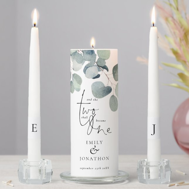 Romantic Quote Eucalyptus Greenery Names Initials Unity Candle Set (In Situ)