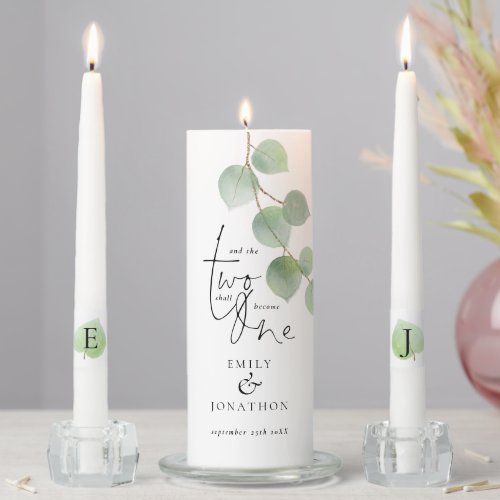 Romantic Quote Eucalyptus Leaf Names Date Initials Unity Candle Set