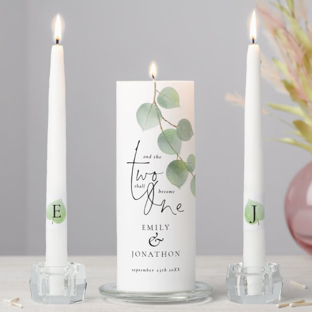Romantic Quote Eucalyptus Leaf Names Date Initials Unity Candle Set (In Situ)
