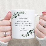 Romantic Quote Eucalyptus Personalized Coffee Mug<br><div class="desc">The Light You Shine Romantic Quote Personalized Eucalyptus Coffee Mug... The romantic inspirational saying on our custom design coffee mug reads "The light you shine upon my life brightens with each passing year" in trendy serif typography. Bordering this text are watercolor eucalyptus branches in shades of emerald and sage green....</div>