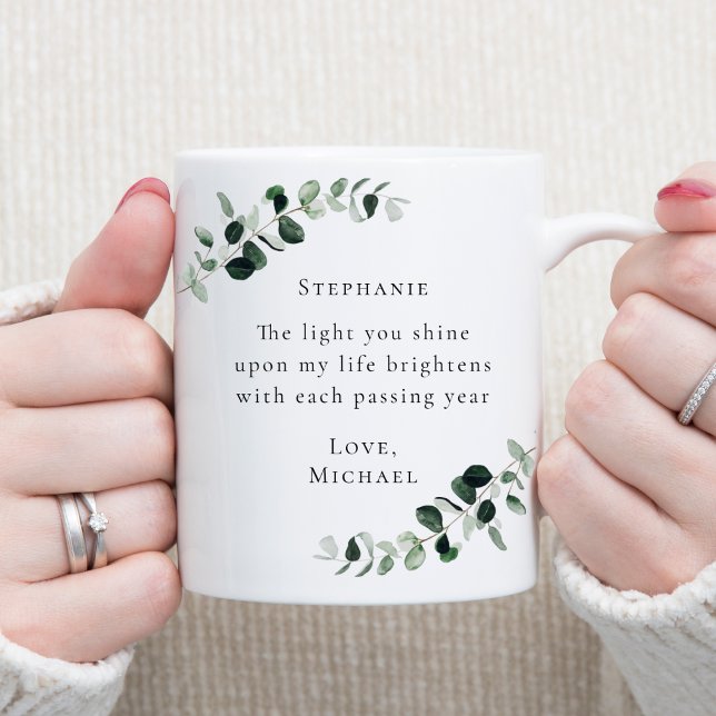 Romantic Quote Eucalyptus Personalized Coffee Mug (The Light You Shine Romantic Quote Emerald and Sage Green Eucalyptus Personalized Coffee Mug)