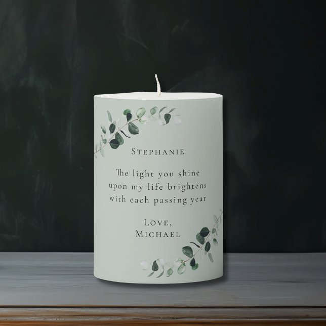Romantic Quote Eucalyptus Personalized Pillar Candle (Romantic Quote Eucalyptus Personalized Sage Green Pillar Candle)
