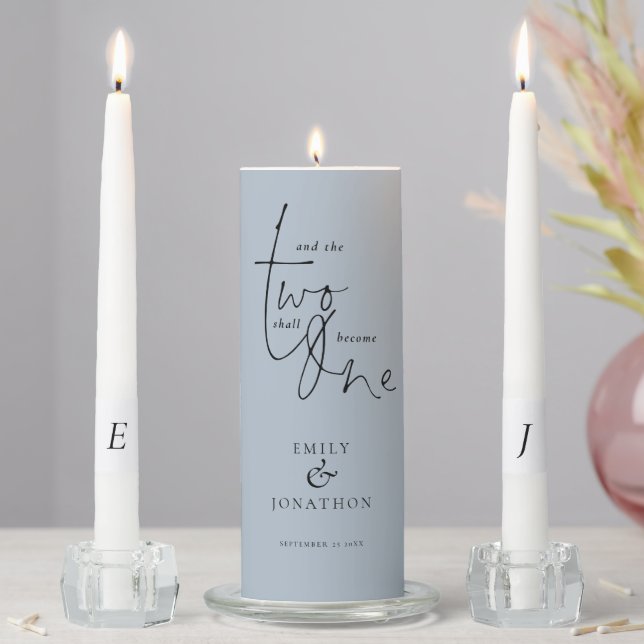 Romantic Quote Names Date Initials Dusty Blue Unity Candle Set (In Situ)