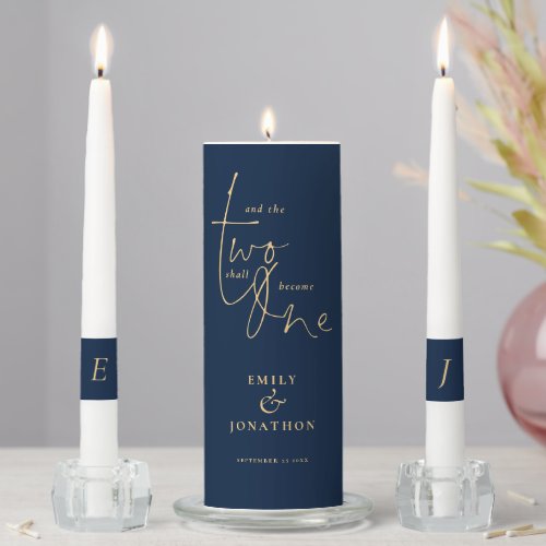 Romantic Quote Names Date Initials Navy Blue Gold Unity Candle Set