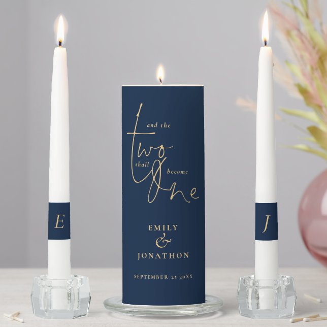 Romantic Quote Names Date Initials Navy Blue Gold Unity Candle Set (In Situ)