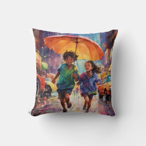 Romantic Rain Boy and Girl Embracing in the Down Throw Pillow
