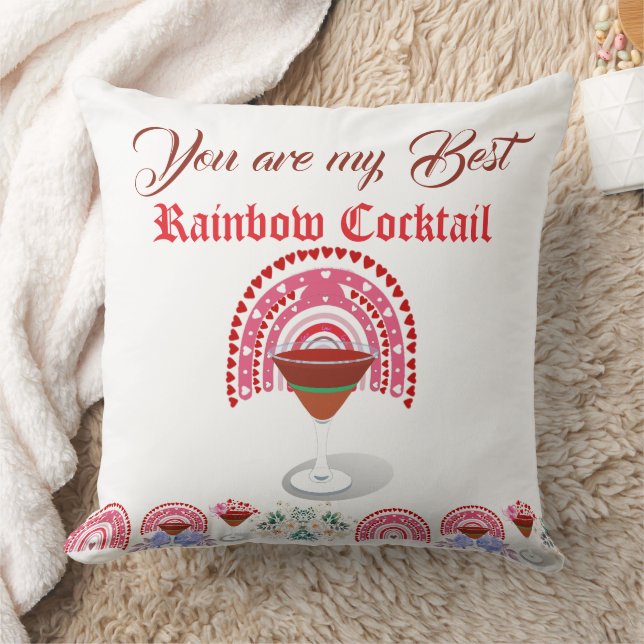 Romantic Rainbow Cocktail Valentine Hearts Floral  Throw Pillow (Blanket)