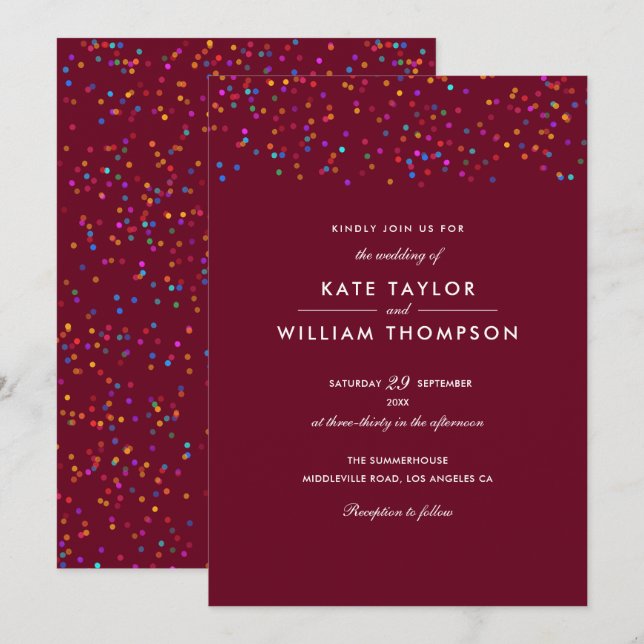 Romantic Rainbow Confetti Burgundy Wedding Invitation (Front/Back)