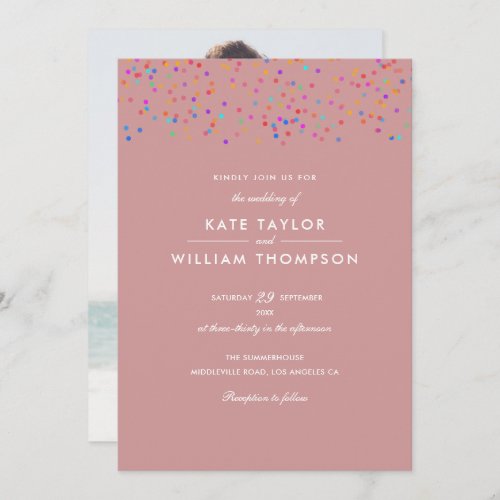 Romantic Rainbow Confetti Dusty Rose Photo Wedding Invitation