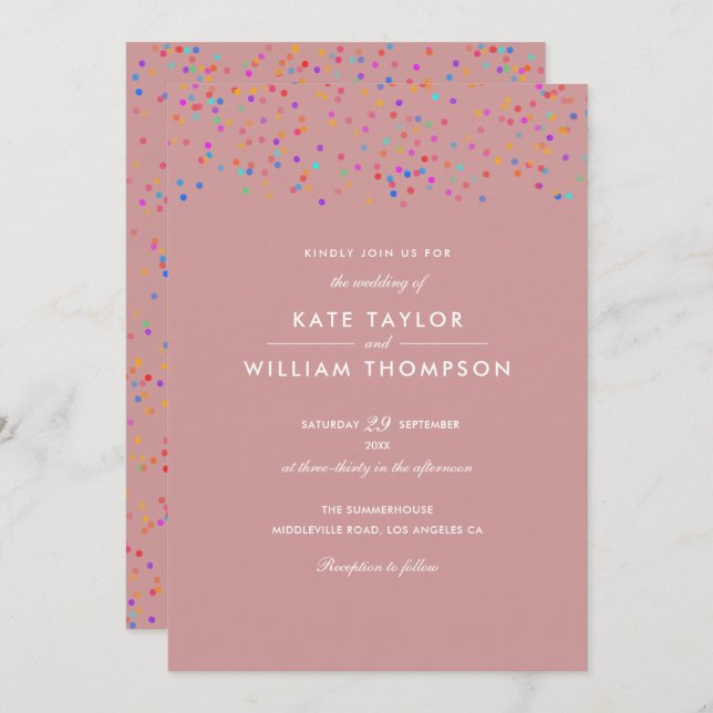 Romantic Rainbow Confetti Dusty Rose Wedding Invitation (Front/Back)