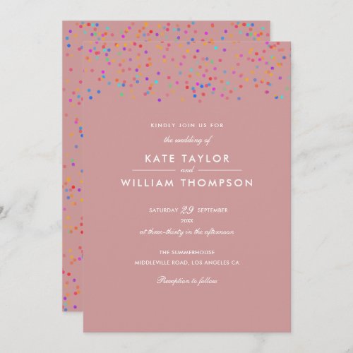 Romantic Rainbow Confetti Dusty Rose Wedding Invitation