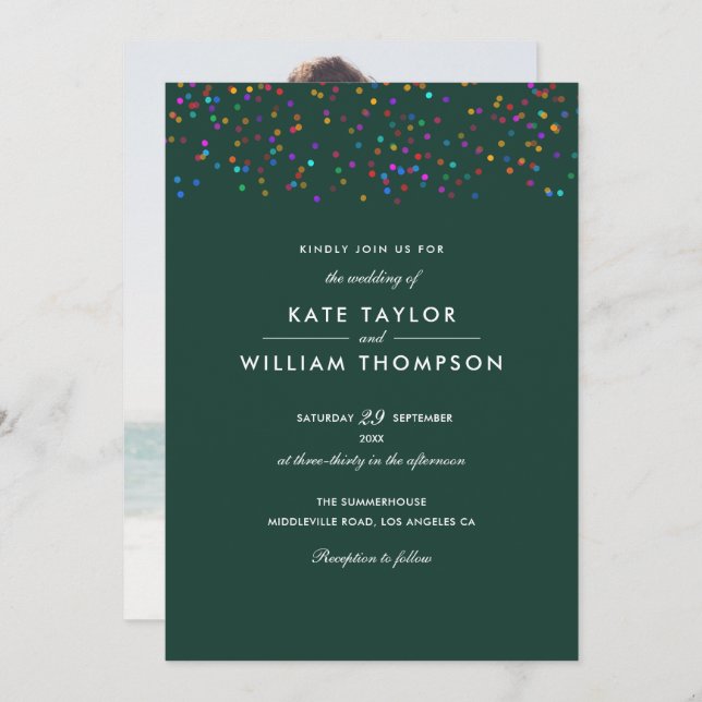 Romantic Rainbow Confetti Emerald Photo Wedding Invitation (Front/Back)
