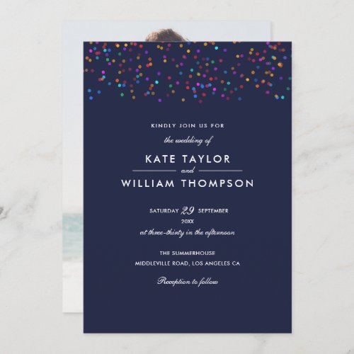 Romantic Rainbow Confetti Navy Blue Photo Wedding Invitation