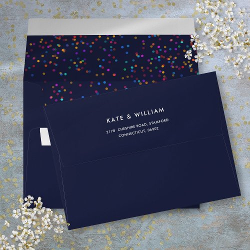 Romantic Rainbow Confetti Navy Blue Return Address Envelope