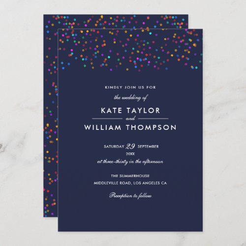 Romantic Rainbow Confetti Navy Blue Wedding Invitation
