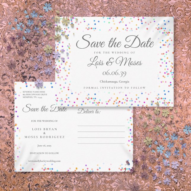 Romantic Rainbow Confetti Save the Date Announcement Postcard (Romantic Rainbow Confetti Save the Date Announcement Postcard)